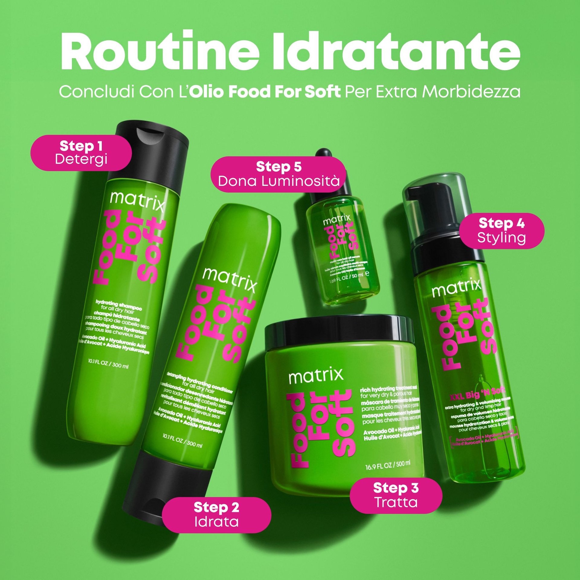 Routine idratante Food For Soft con shampoo,conditioner, maschera, mousse e olio.