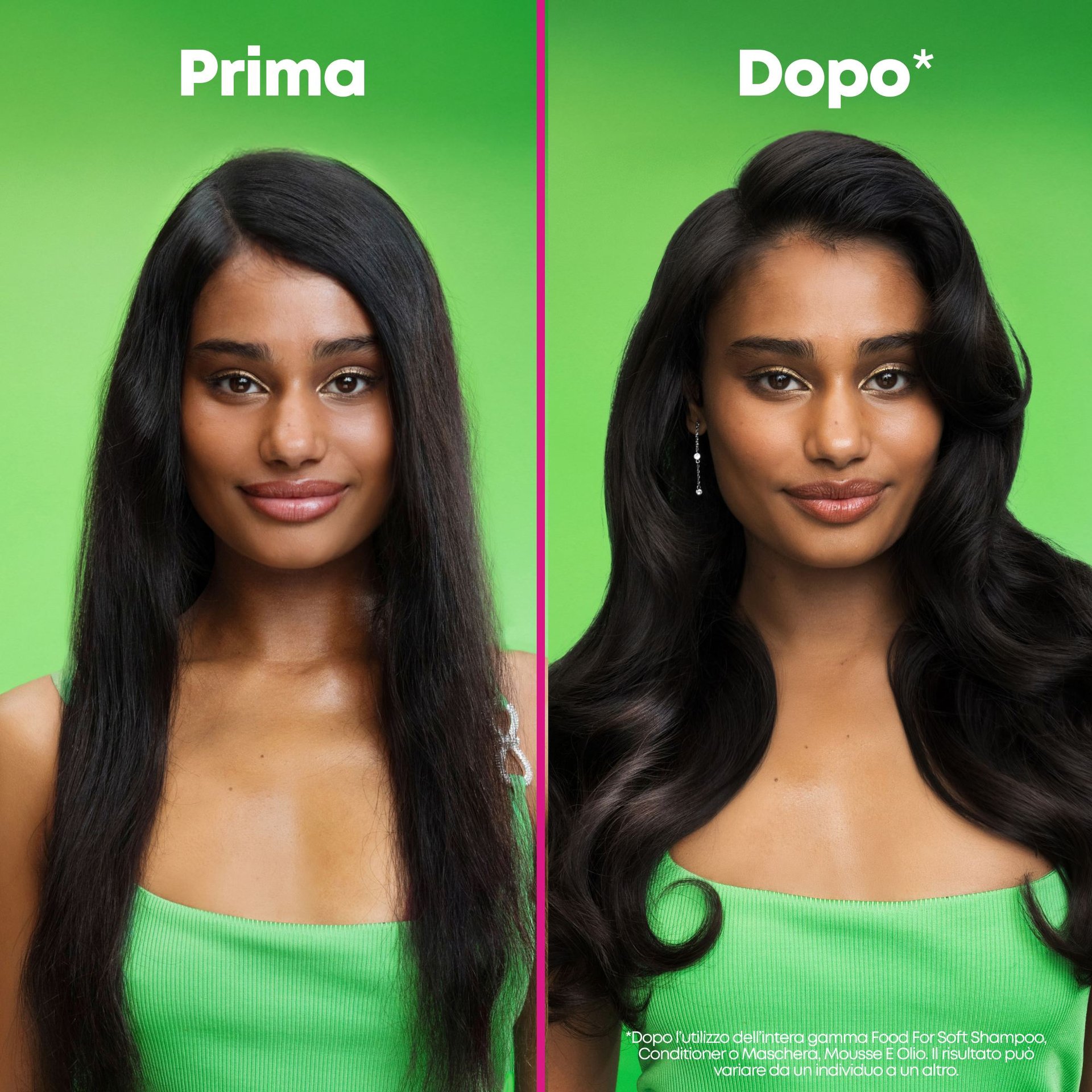 Modella prima e dopo l'utilizzo dei prodotti Food For Soft con effetto volume sui capelli