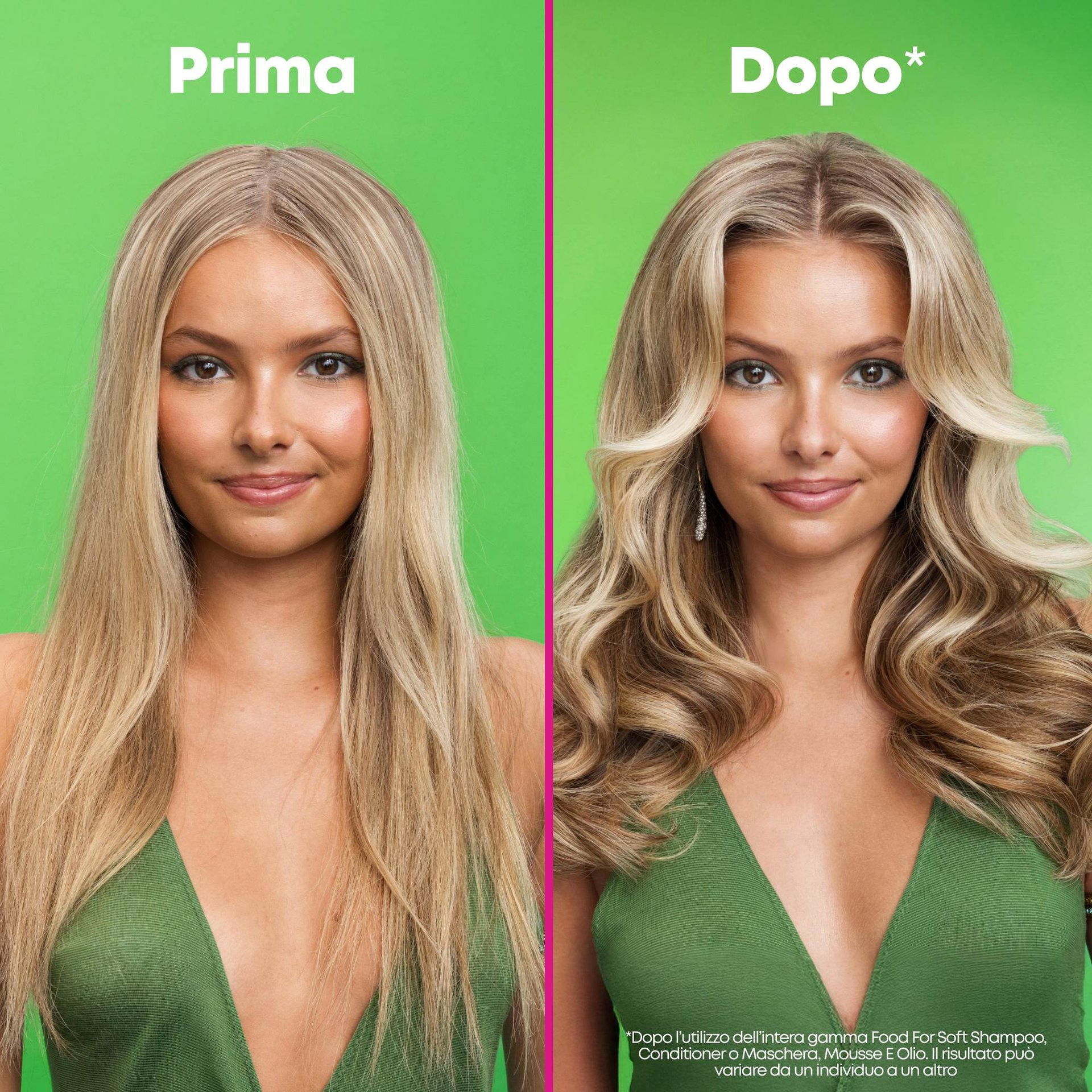 Modella prima e dopo l'utilizzo dei prodotti Food For Soft con effetto volume sui capelli