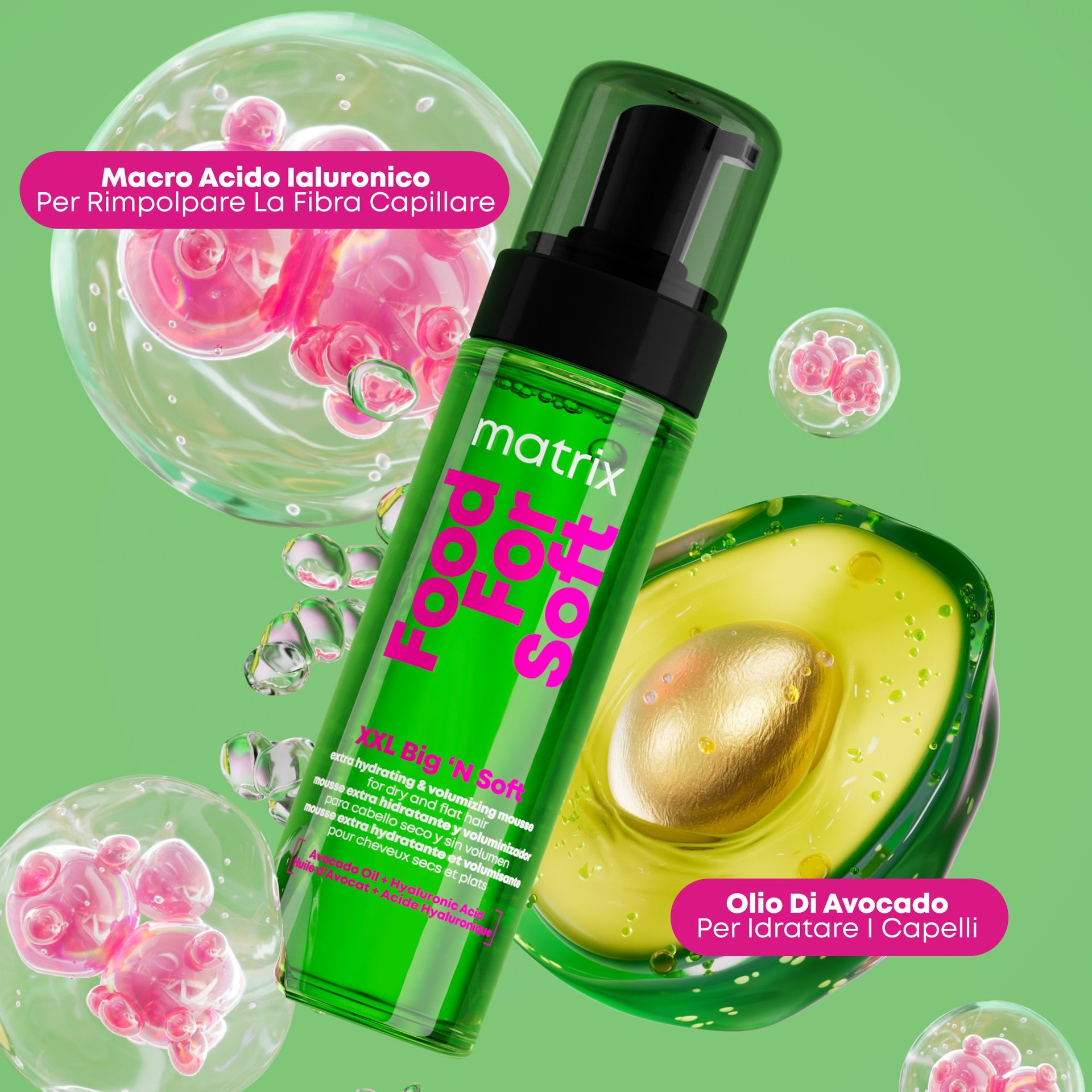 Packshot della Mousse Food For Soft XXL Big 'N Soft con acido ialuronico e avocado su sfondo verde.